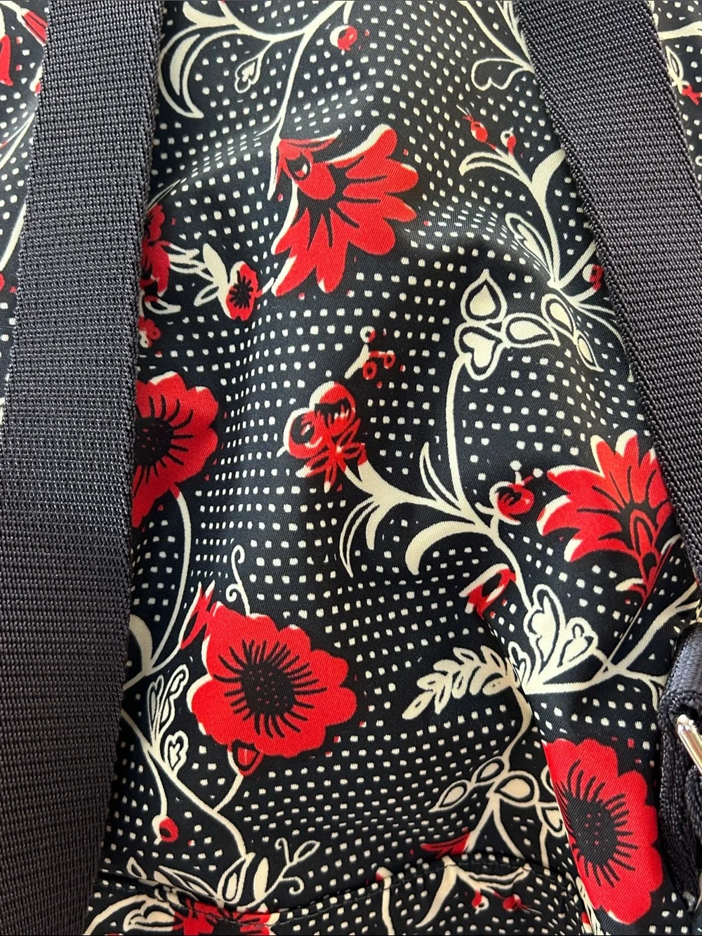 Tory Burch Black Floral Drawstring Backpack with Red and Cream Blooms